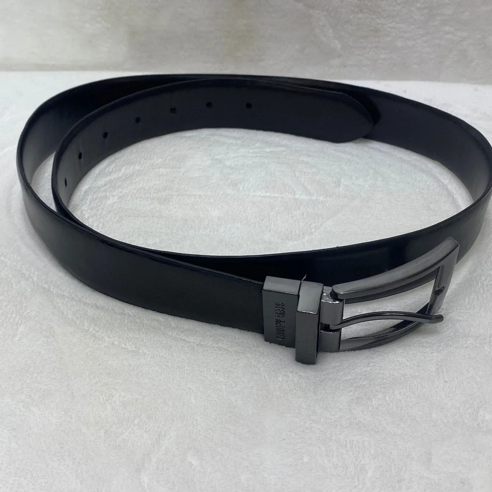 Steve Madden Mens Dressy Leather Belt Black Gunmetal‎ Buckle Size 36